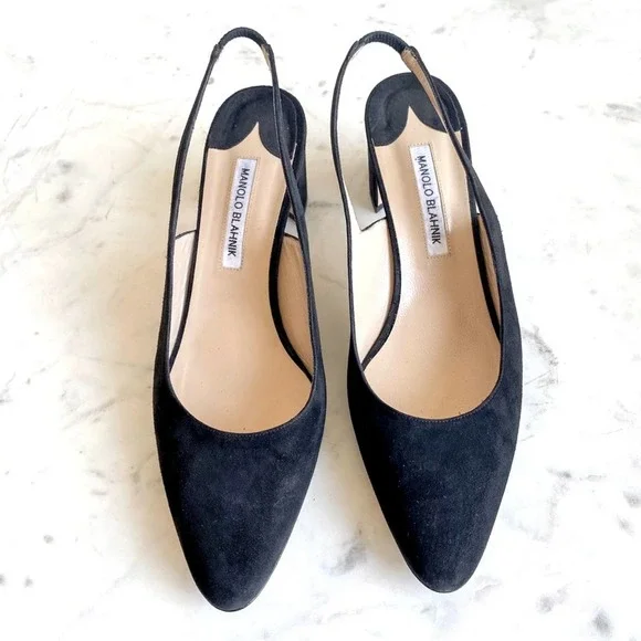 Manolo Blahnik Allurasa Suede Slingback Heel in Black Size 11.5 - Picture 4 of 11